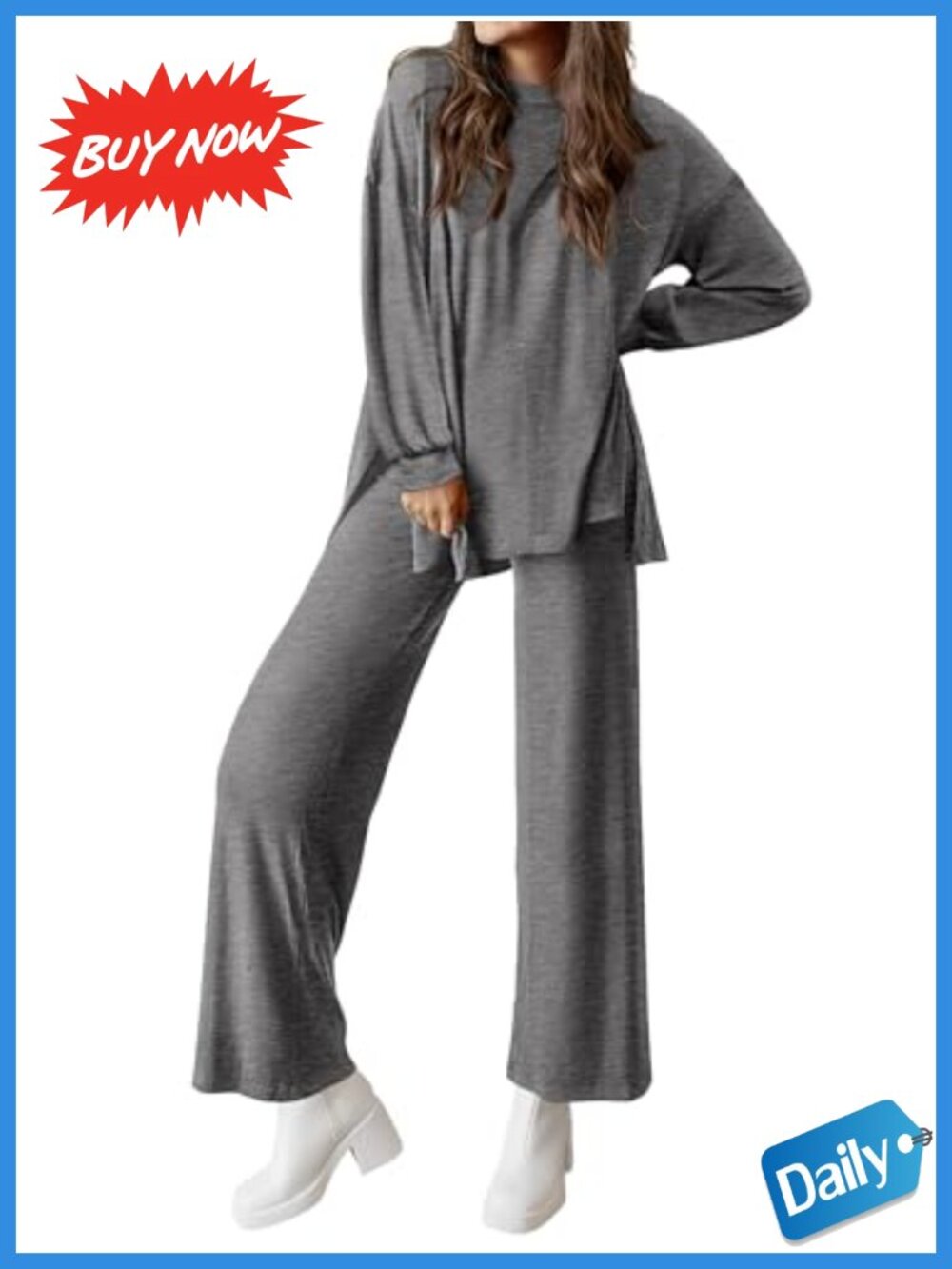 Women's Two Piece Lounge Set Wide Leg Pants Crewneck Long Sleeve